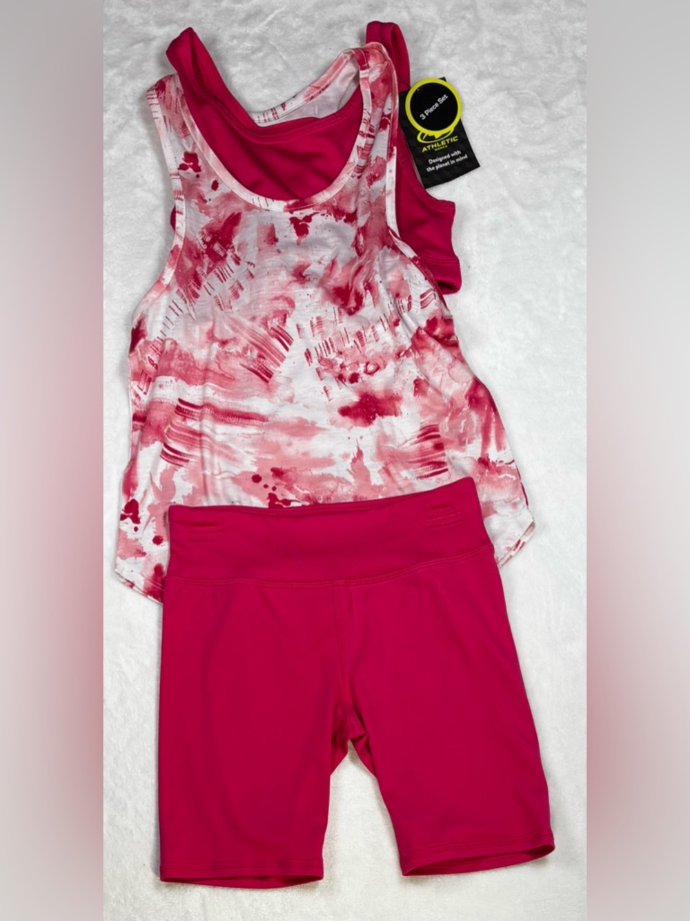 Athletic Works M (7-8) Girls Red 3 Piece Active Set with Tie Dye Tank and Shorts